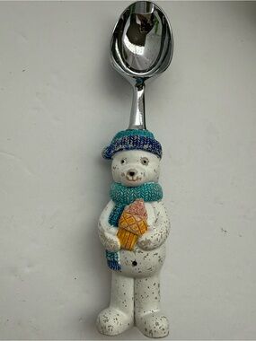 Vintage White Polar Bear Ice Cream Scoop Spoon with Blue Winter Scarf and Hat